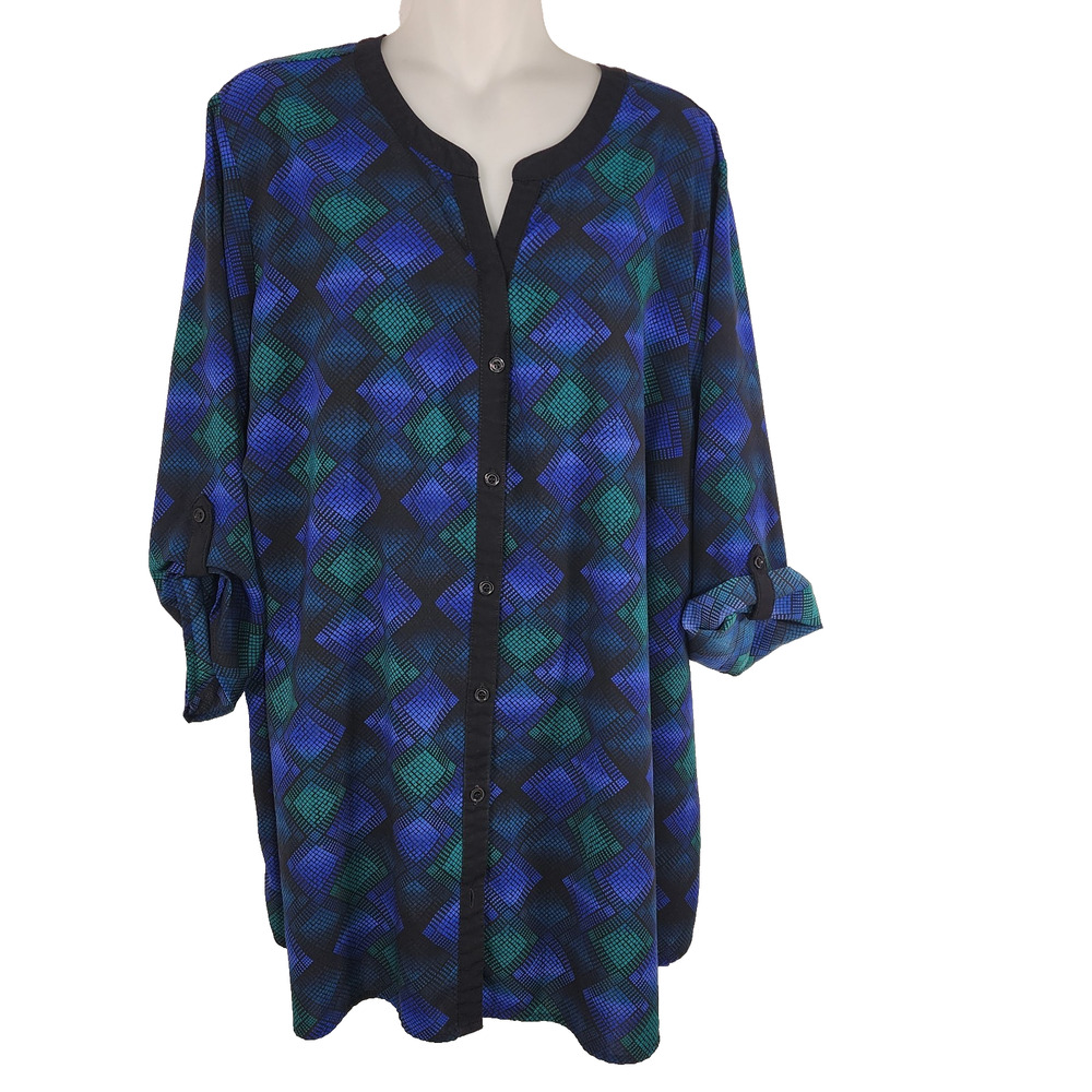 Catherines Button Tunic Top Size 2X Black Blue Green Geometric Roll Tab Sleeve